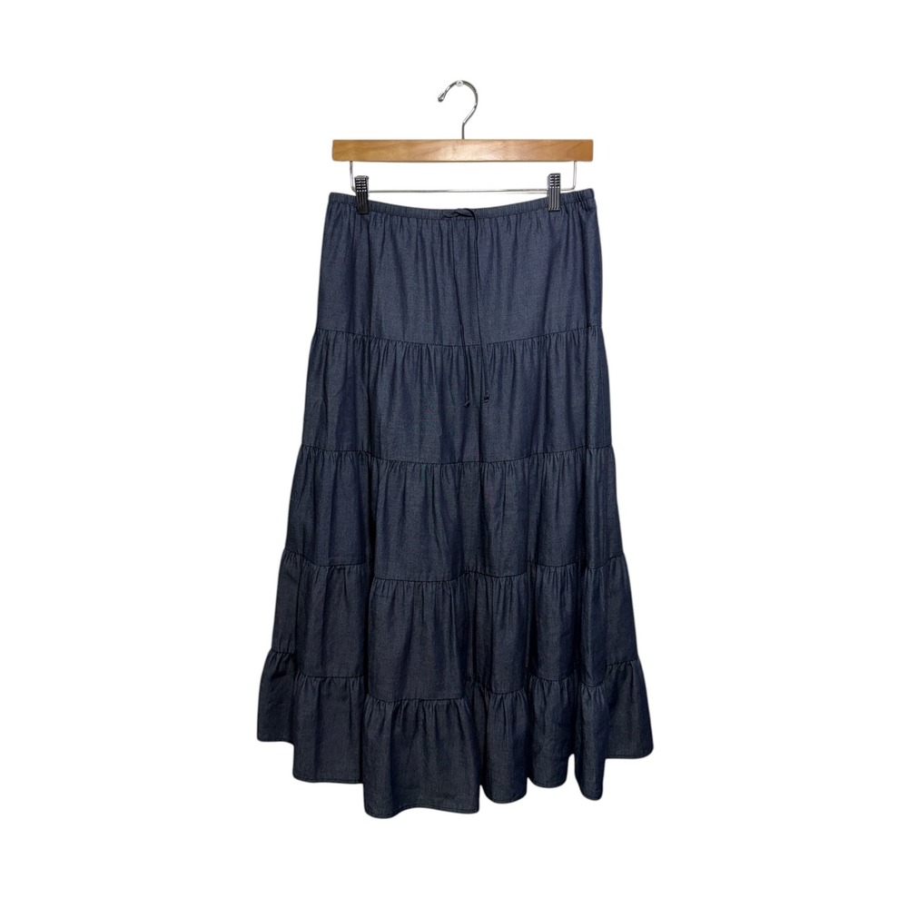 Papermoon Tiered Chambray Maxi Skirt Blue‎ Small Boho Western Elastic Waist